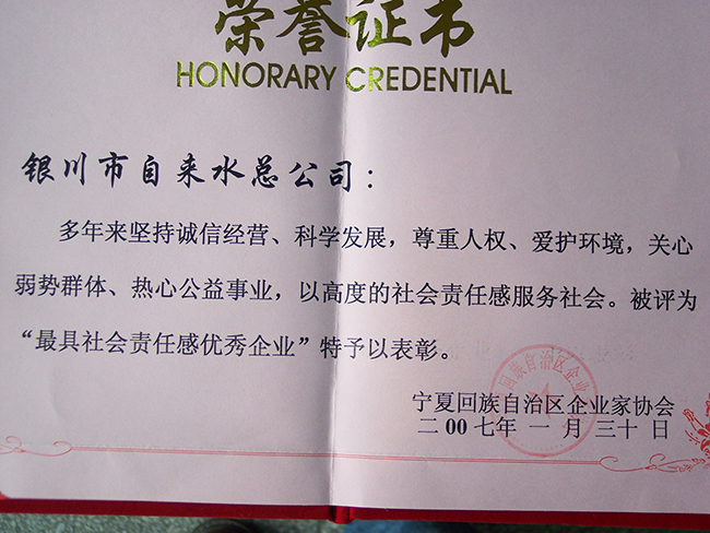2007年寧夏企業家協會“最具社會責任感優秀企業”