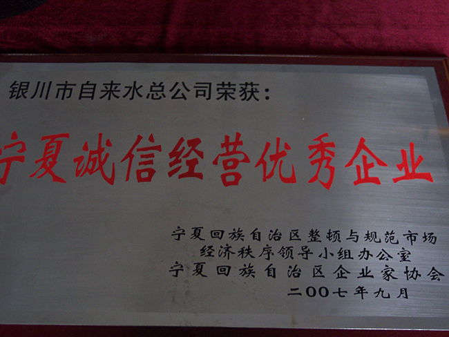 2007年9月區企業家協會寧夏誠信經營優秀企業